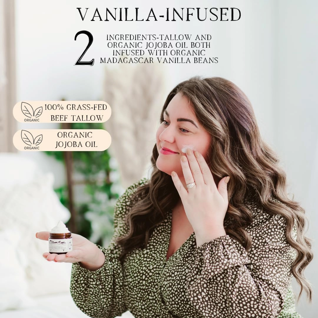 100% Grass-Fed Whipped Tallow Balm & Organic Jojoba Oil infused with Organic Madagascar Vanilla Beans: face & body moisturizer for dry, sensitive skin/eczema, psoriasis (VANILLA-INFUSED)
