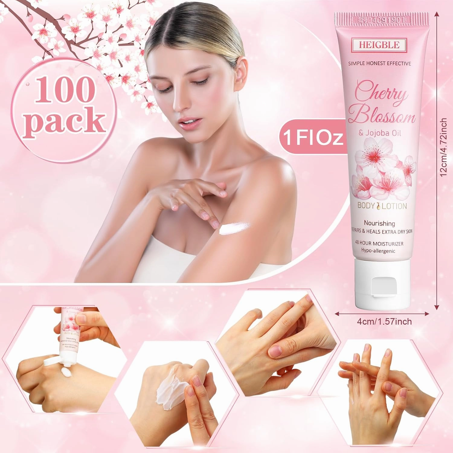 100 Pack Travel Size Body Lotion Cherry Blossom and Jojoba Oil Body Cream 1 oz Dry Skin Moisturizer with Flip Cap for Extra Dry Skin, Inns, Hotels Resorts, Airlines, Offices, Gyms and More