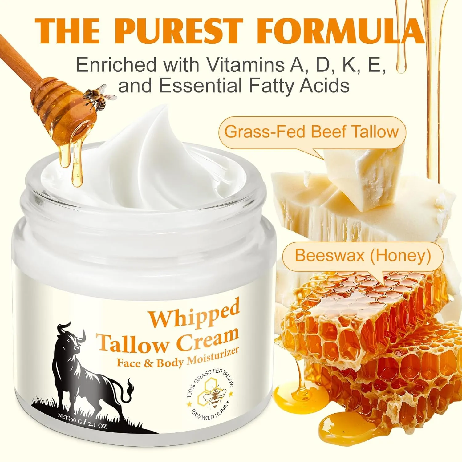 2PCS Beef Tallow and Honey Cream for Skin, Moisturizer Cream, Whipped Tallow Cream for Smooth Nourishing Face & Body, Natural Beef Tallow Balm for Skin Care, Beef Tallow, Butter and Honey Balm