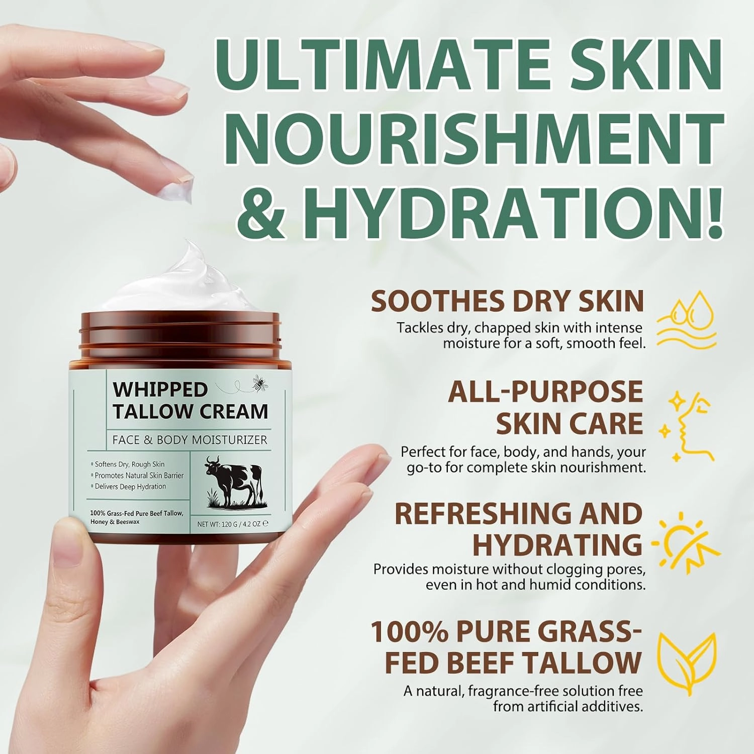 2PCS Beef Tallow for Skin, Tallow and Honey Balm, Natural Whipped Tallow Cream for Face & Body Moisturizer, Tallow Cream with Honey & Beeswax, Body Lotion Skin Care for Sensitive Skin