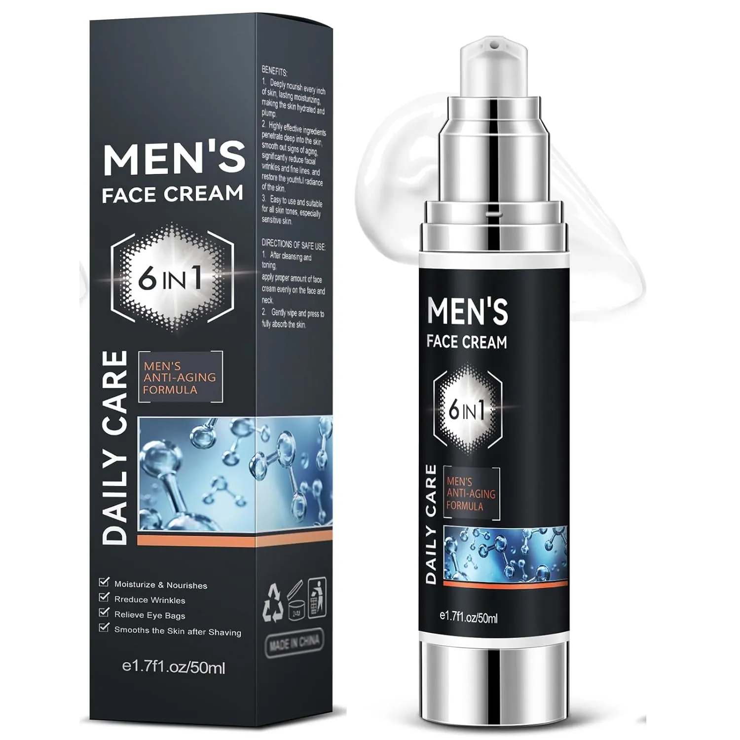 6 in 1 Face Cream for Men, Mens Face Moisturizer, Anti Aging & Wrinkle, Reduce the Look of Eye Bags, Dark Circles, and Puffiness-Mens Skin Care, After Shave Lotion for Men -1.7 oz