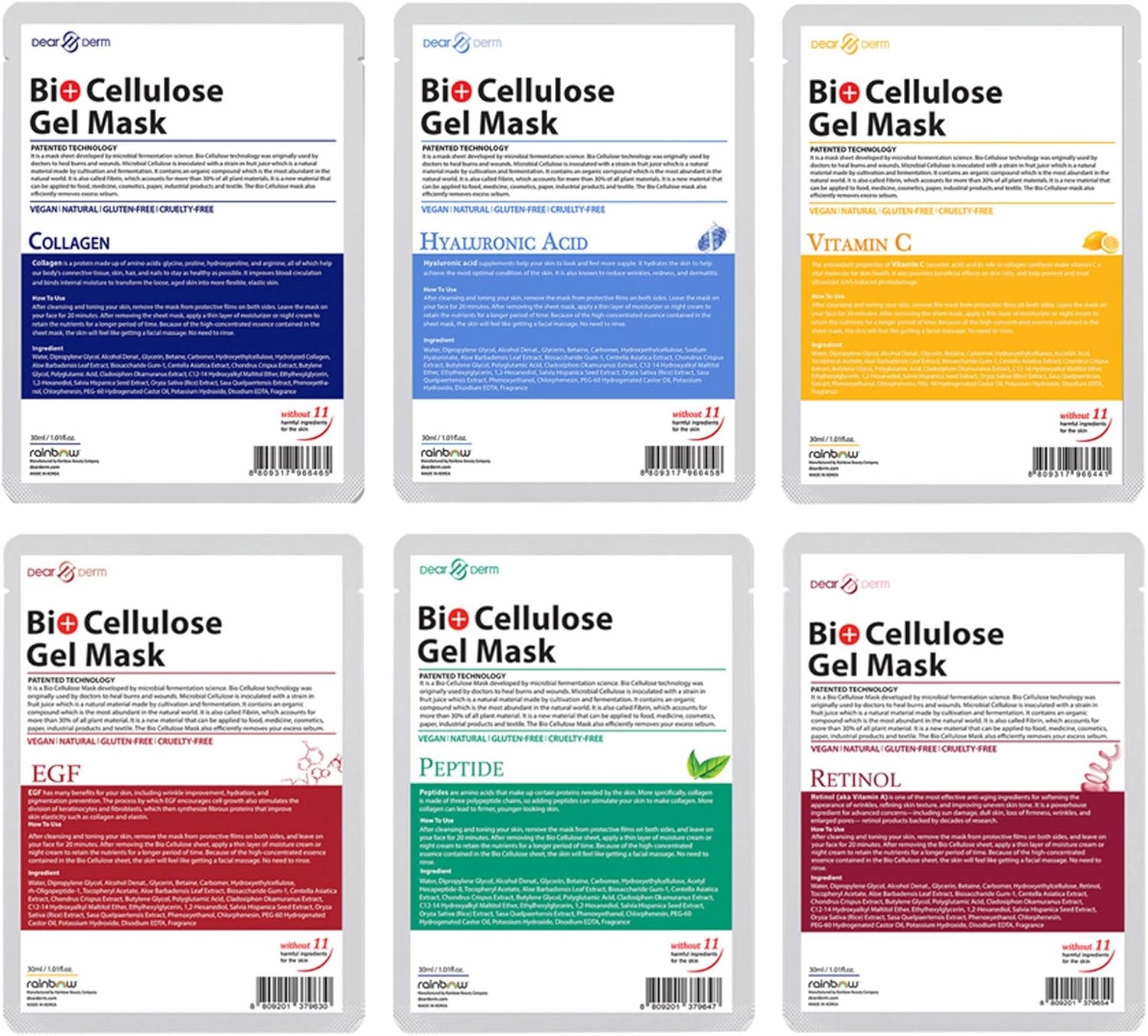 6 Gel Masks Assorted - Bio Cellulose Gel Sheet Mask – Collagen, EGF, Hyaluronic Acid, Peptide, Retinol, Vitamin C (6pcs in total)