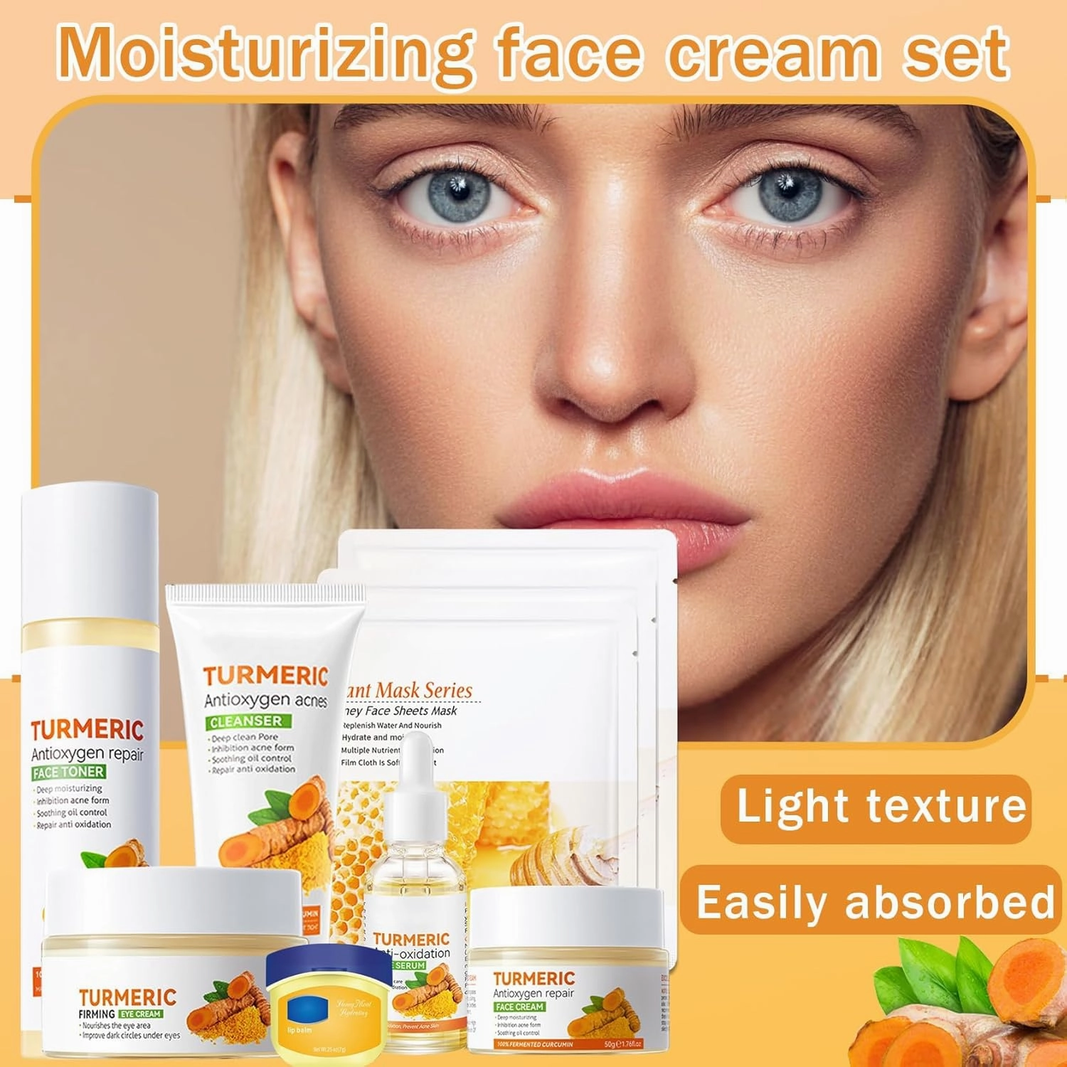 9 Pcs Turmeric Skincare Set with Moisturizing Facial Cleanser,Toner,Face Serum, Facial Cream, Eye Cream,Travel Size Lip Balm and 3 Hydrating Face Sheet Masks Skin Care Set
