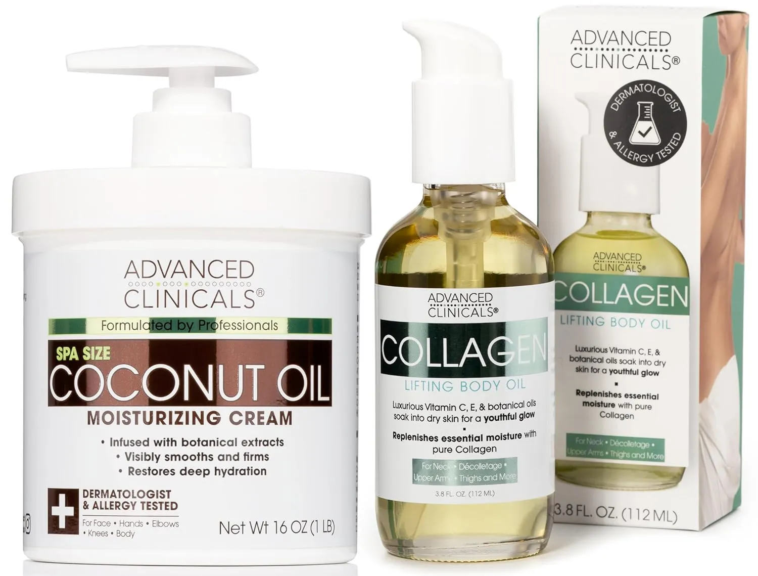 Advanced Clinicals Coconut Oil Moisturizing Cream   Collagen Lifting Body Oil Set