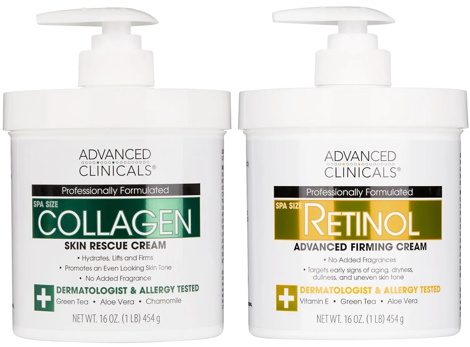 Advanced Clinicals Retinol Body Lotion   Collagen Cream Fragrance Free Face Moisturizer & Body Cream 2pc Skincare Set For Women & Men Helps Reduce Appearance Of Crepey Skin, Wrinkles, & Dry Skin, 2pc