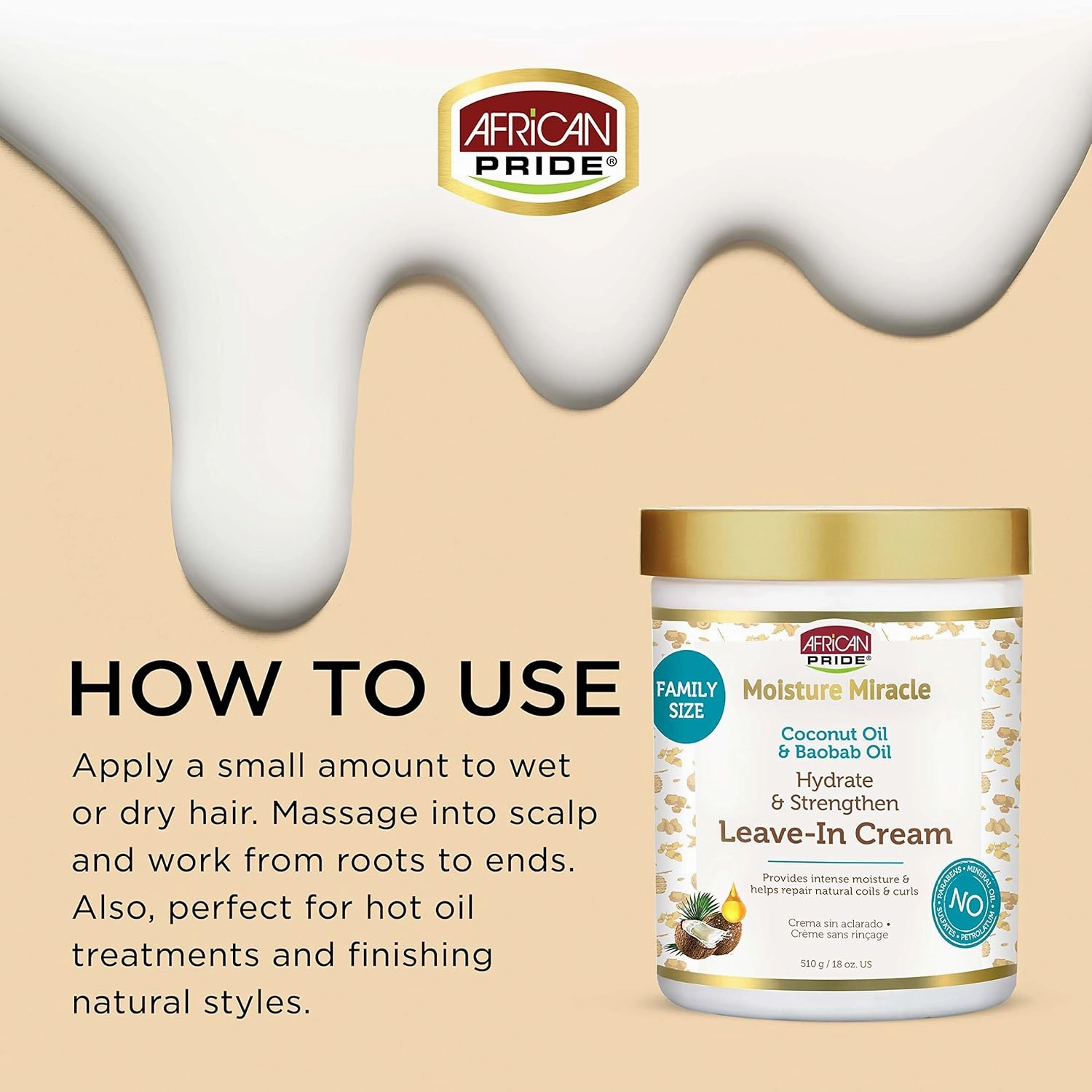 African Pride Moisture Miracle Coconut Oil & Baobab Oil Leave-In Hair Cream (3 Pack) - Provides Intense Moisture & Helps Repair Natural Coils & Curls, Hydrates & Strengthens, 18 oz