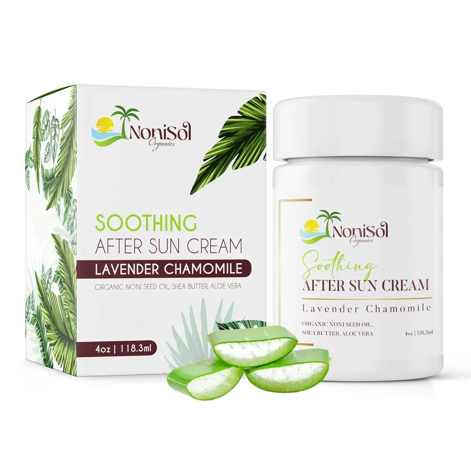 After Sun Cream - 4oz Sunburn Cream with Noni Seed Oil, Aloe Vera Gel, Shea Butter, Lavender, Coconut & Chamomile Oil for Face, After Sun Tan Enhancer & Redness Relief Moisturizer