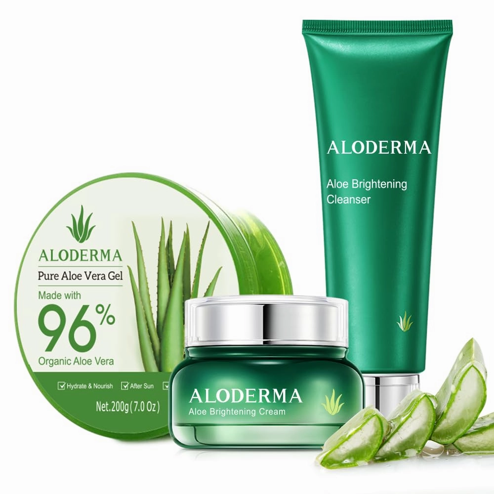 Aloderma Basic Aloe Brightening Skin Care Set - 4 Pieces - Cleanser x 2pcs, Cream, 200g Aloe Vera Gel