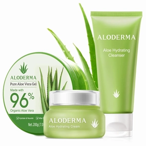 Aloderma Basic Aloe Hydrating Set - 4 Pieces - 2pcs x Hydrating Cream, 200g Aloe Vera Gel, Hydrating Cleanser