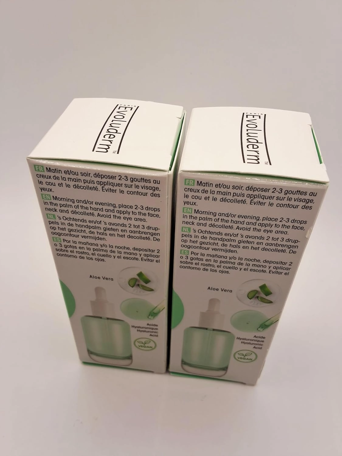 Aloe Vera & Hyaluronic Acid Moisturizing Serum Evoluderm pack of 2 of 1.05 fl. oz. each.