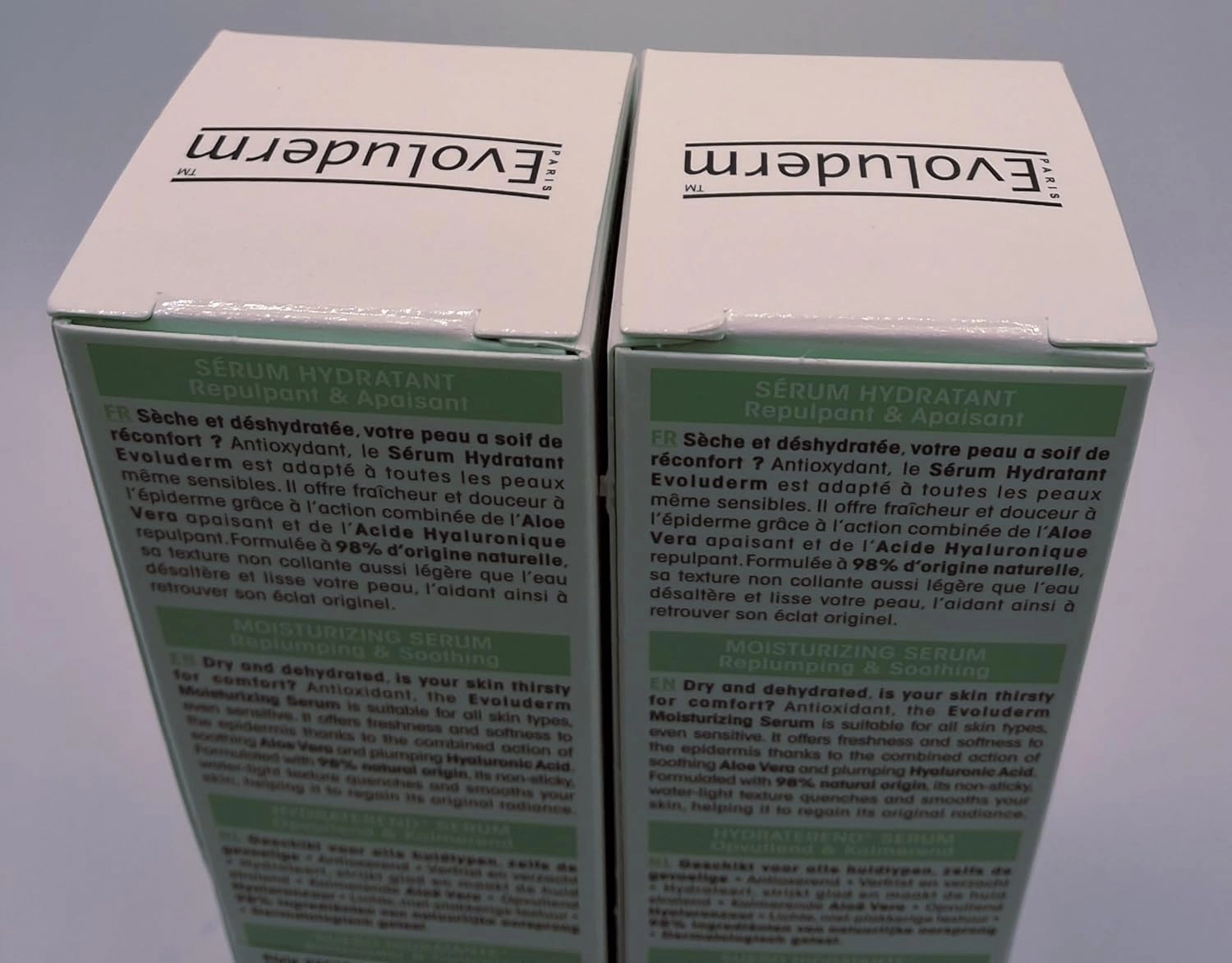 Aloe Vera & Hyaluronic Acid Moisturizing Serum Evoluderm pack of 2 of 1.05 fl. oz. each.
