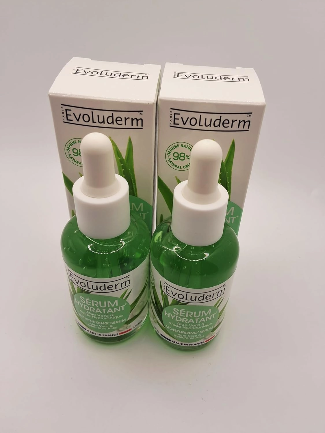 Aloe Vera & Hyaluronic Acid Moisturizing Serum Evoluderm pack of 2 of 1.05 fl. oz. each.