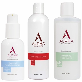 Alpha Revitalizing Body with 12% Glycolic AHA 12oz and Refreshing Face Wash | Anti-Aging Formula 6oz and Essential Facial Moisturizer with Hyaluronic Acid 2oz