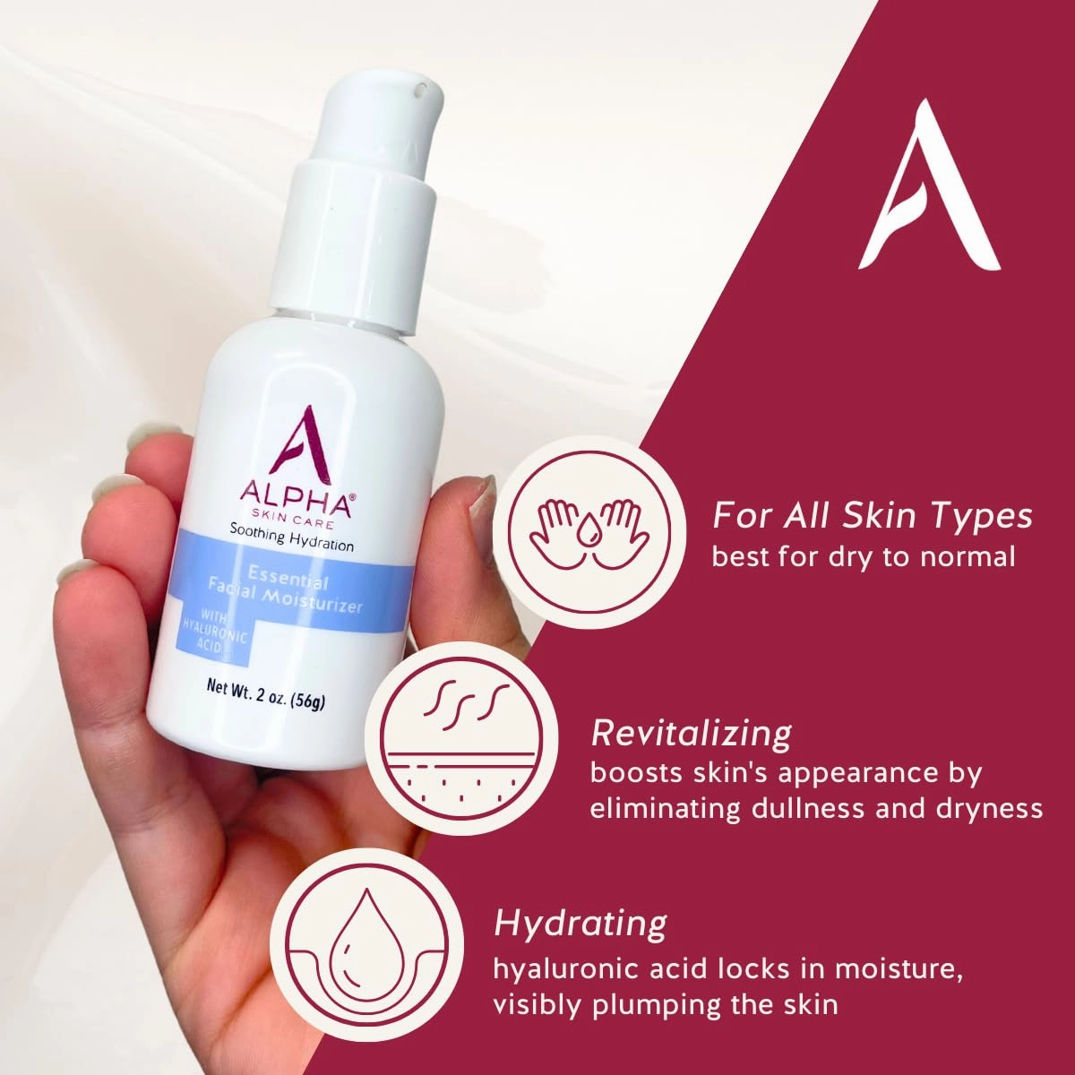 Alpha Skin Care Essential Facial Moisturizer, Hyaluronic Acid, Soothing Hydration, Reduces Lines & Wrinkles, Normal to Dry Skin, 2 Oz, 2 Pack