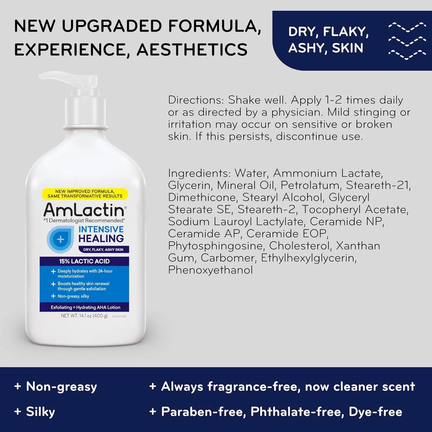 AmLactin Intensive Healing Body Lotion for Dry Skin, 14.1 oz Pump Bottle, 2-in-1 Exfoliator & Moisturizer with Ceramides & 15% Lactic Acid for Relief from Dry Skin (Packaging May Vary)