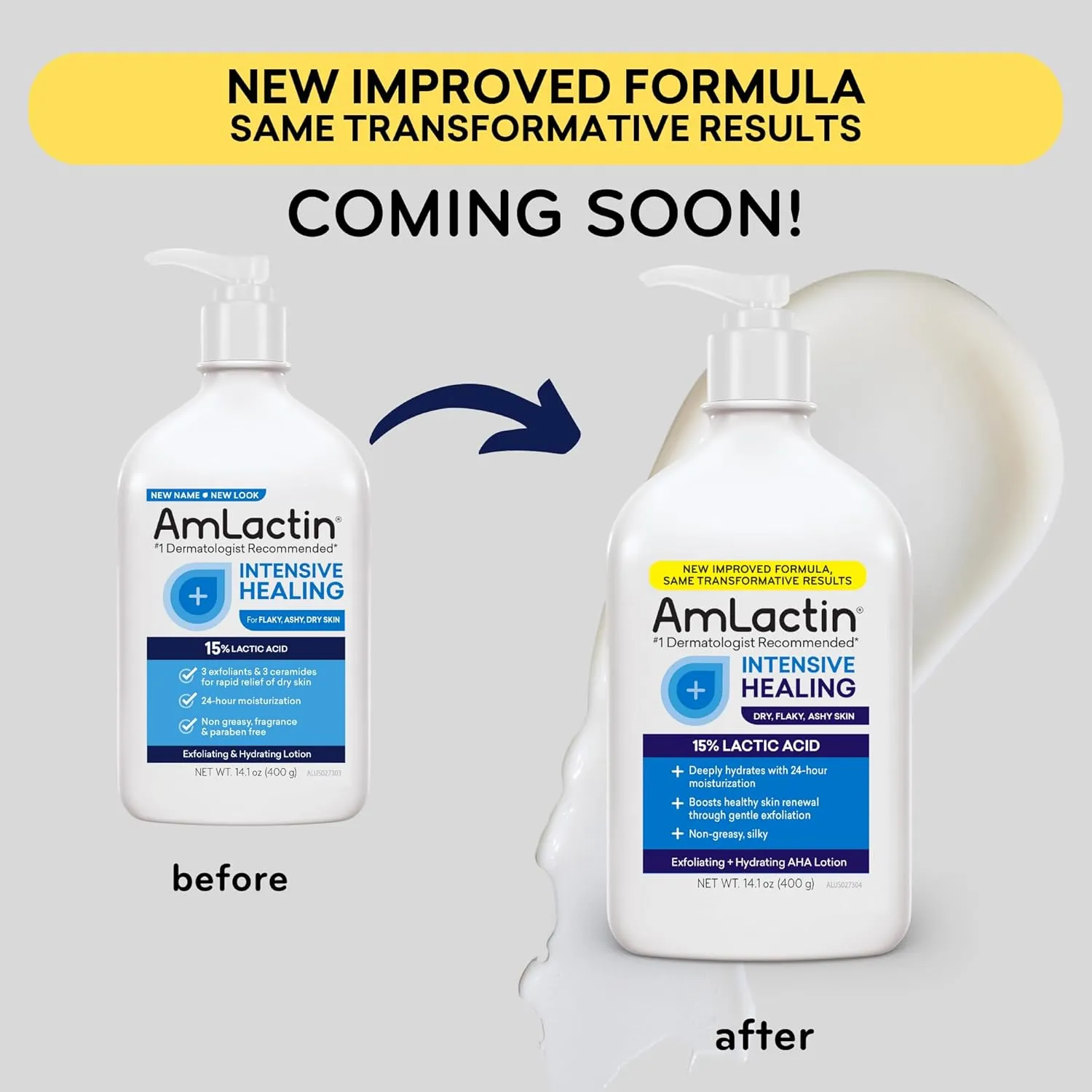 AmLactin Intensive Healing Body Lotion for Dry Skin, 14.1 oz Pump Bottle, 2-in-1 Exfoliator & Moisturizer with Ceramides & 15% Lactic Acid for Relief from Dry Skin (Packaging May Vary)