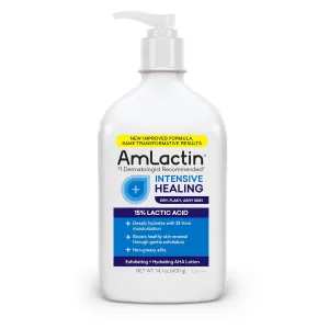 AmLactin Intensive Healing Body Lotion for Dry Skin, 14.1 oz Pump Bottle, 2-in-1 Exfoliator & Moisturizer with Ceramides & 15% Lactic Acid for Relief from Dry Skin (Packaging May Vary)