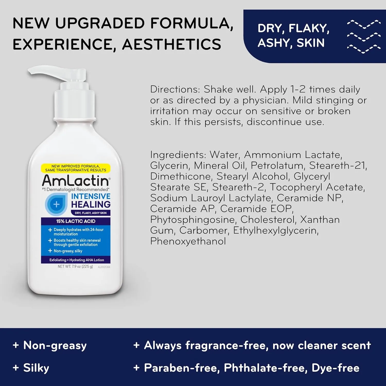 Amlactin Intensive Healing Body Lotion for Dry Skin, 7.9 oz Pump Bottle, 2-in-1 Exfoliator and Moisturizer with Ceramides and 15% Lactic Acid for 24-Hour Relief from Dry Skin (Packaging May Vary)