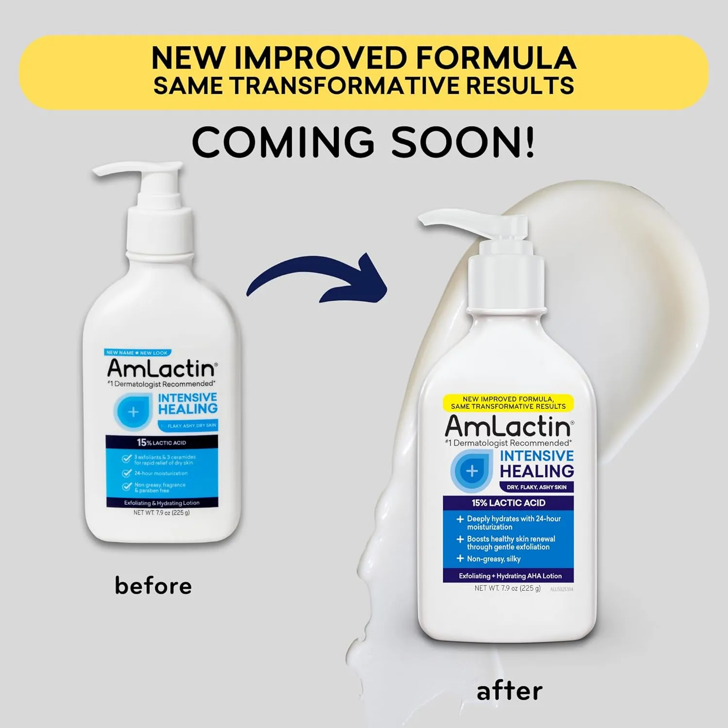 Amlactin Intensive Healing Body Lotion for Dry Skin, 7.9 oz Pump Bottle, 2-in-1 Exfoliator and Moisturizer with Ceramides and 15% Lactic Acid for 24-Hour Relief from Dry Skin (Packaging May Vary)