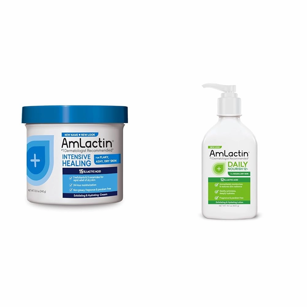 AmLactin Intensive Healing Body Cream – 12 oz Tub & Daily Nourish 12% - 14.1 oz Body Lotion with 12% Lactic Acid