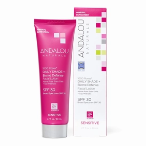 Andalou Naturals Daily Shade Face Sunscreen, 1000 Roses, SPF 30 Mineral Sunscreen with Zinc Oxide, Skin Barrier Defense   Broad Spectrum Protection, Gentle & Soothing, for Sensitive Skin - 2.7 Fl Oz