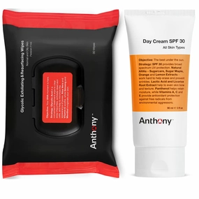 Anthony Day Cream SPF 30 Men’s Face Moisturizer with Sunscreen 3 Fl Oz Glycolic Exfoliating & Resurfacing Wipes 30 Sheets per Bag