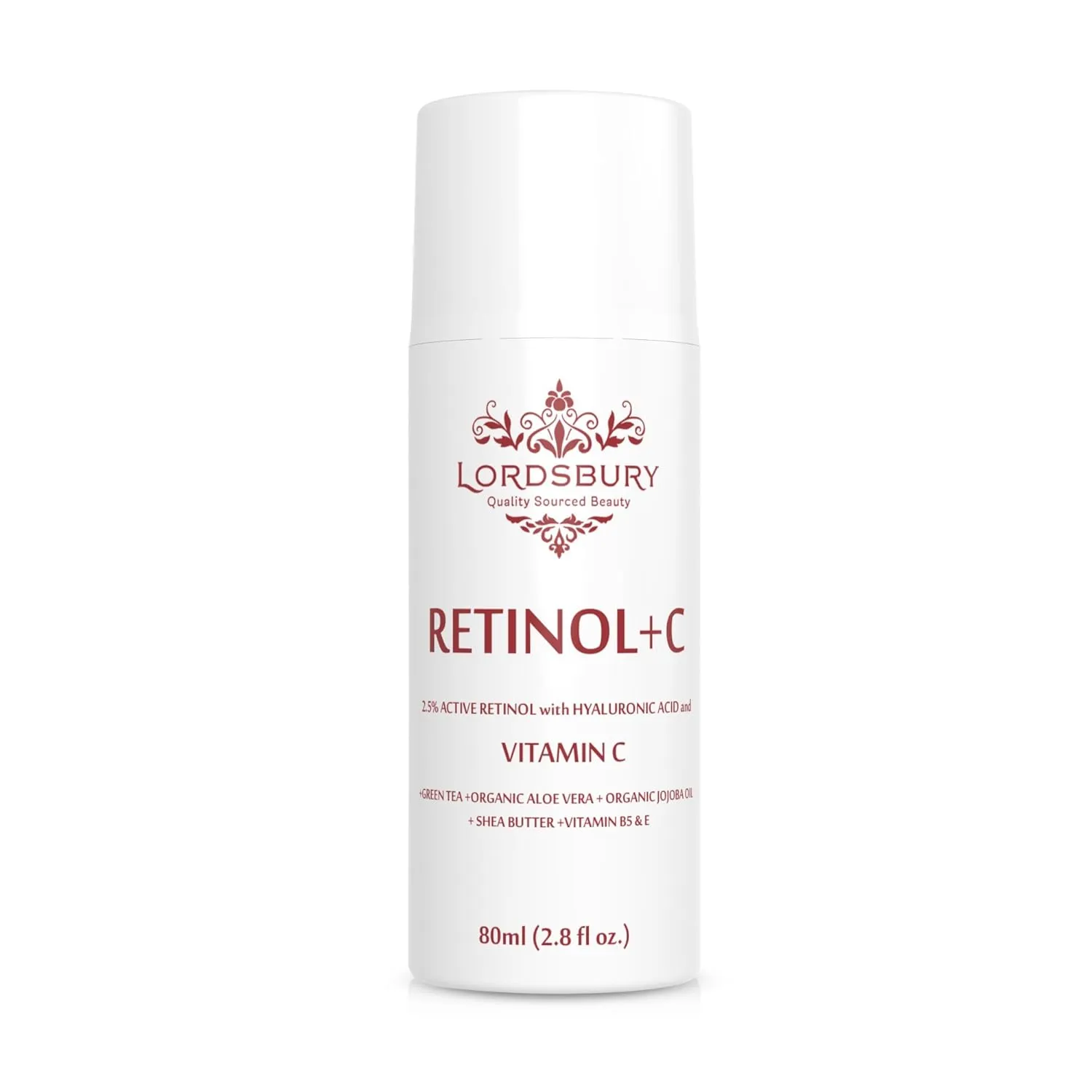 Anti Aging Retinol Cream Moisturizer w Vitamin C and Hyaluronic Acid - Large 2.8 fl oz - Pure Retinol 2.5%   Vitamin C   Organic Aloe - Day & Night on Face, Neck, Hands for Wrinkles - Lordsbury
