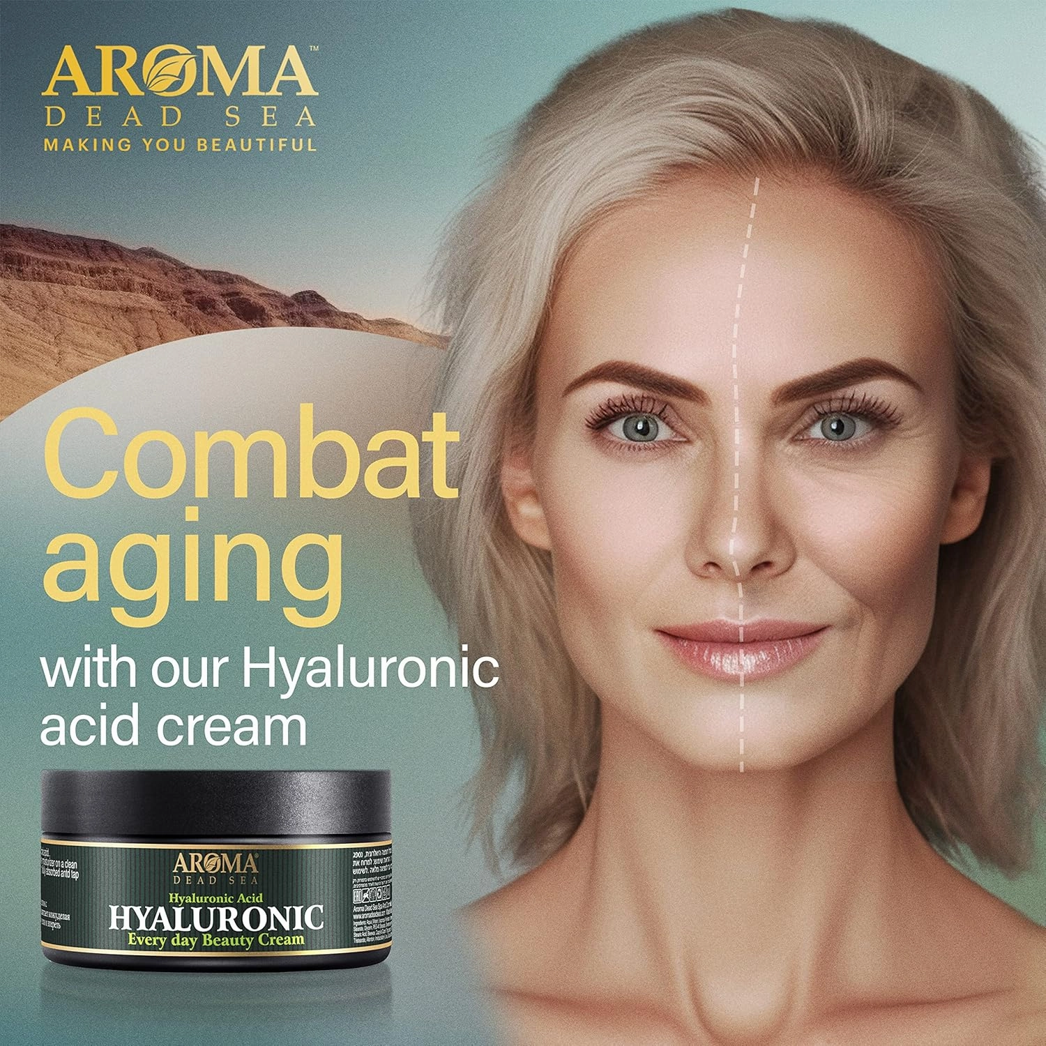 AROMA DEAD SEA Hyaluronic Acid Face Cream - Anti Aging Cream, Day & Night Facial Moisturizer for Face, Anti Wrinkle & Hydrating Face Moisturizer - 3.4 fl.oz (Hyaluronic Acid Face Cream Pack of 1)