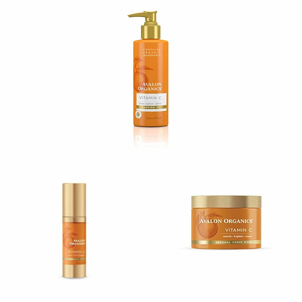 Avalon Organics Cleansing Gel with Vitamin C, 6 Oz with Radiance Serum with Vitamin C, 1 Oz and Renewal Crème Riche with Vitamin C, 1.7 Oz