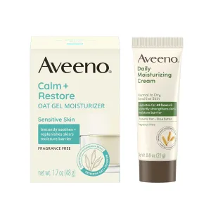 Aveeno Calm   Restore Oat Gel Face Moisturizer for Sensitive Skin, Gel Cream with Prebiotic Oat & Feverfew, Fragrance Free, 1.7 oz & Trial Size Daily Moisturizing Cream for Body, Face, & Hands, 0.8 oz