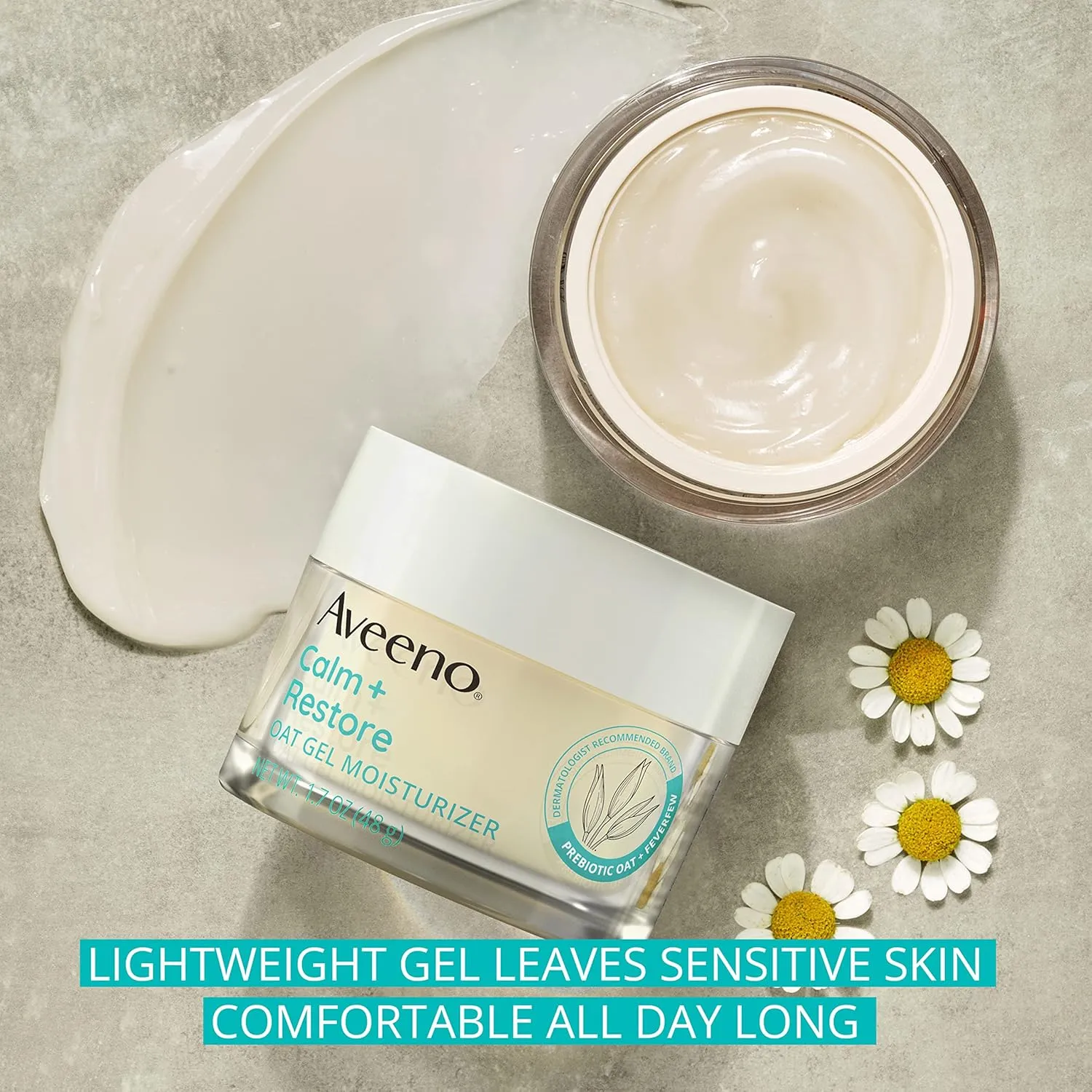 Aveeno Calm   Restore Oat Gel Facial Moisturizer for Sensitive Skin, Fast-Absorbing, Soothing Lightweight Gel Cream with Prebiotic Oat & Feverfew, Fragrance-Free & Hypoallergenic, 1.7 oz