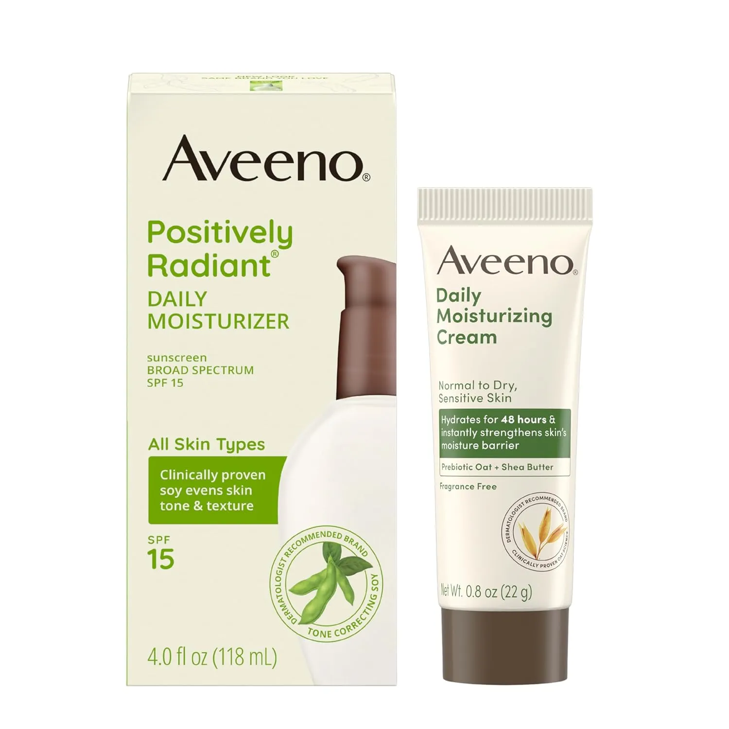 Aveeno Skincare Bundle, Positively Radiant Daily Facial Moisturizer with SPF 15 Sunscreen   Soy, 4 fl. oz, & Trial Size Daily Moisturizing Cream for Body, Face, & Hands, 0.8 oz, Two Pack, 2 Items