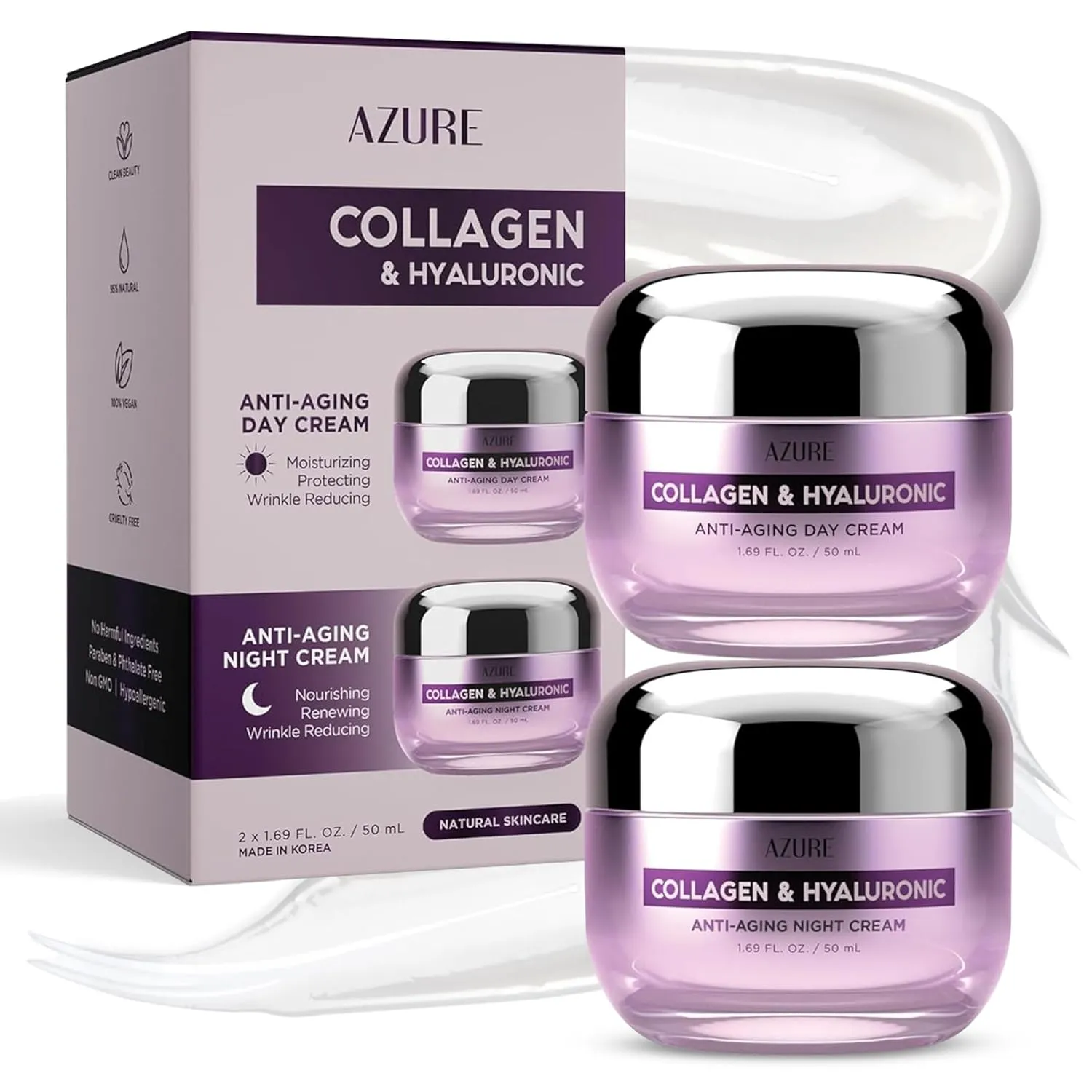 Azure Cosmetics Dermatologist Tested Collagen & Hyaluronic Acid Day & Night Face Moisturizer - K Beauty Anti-Aging Cream for Wrinkle Repair & Deep Hydration Cream - Korean Skincare - All Skin Type