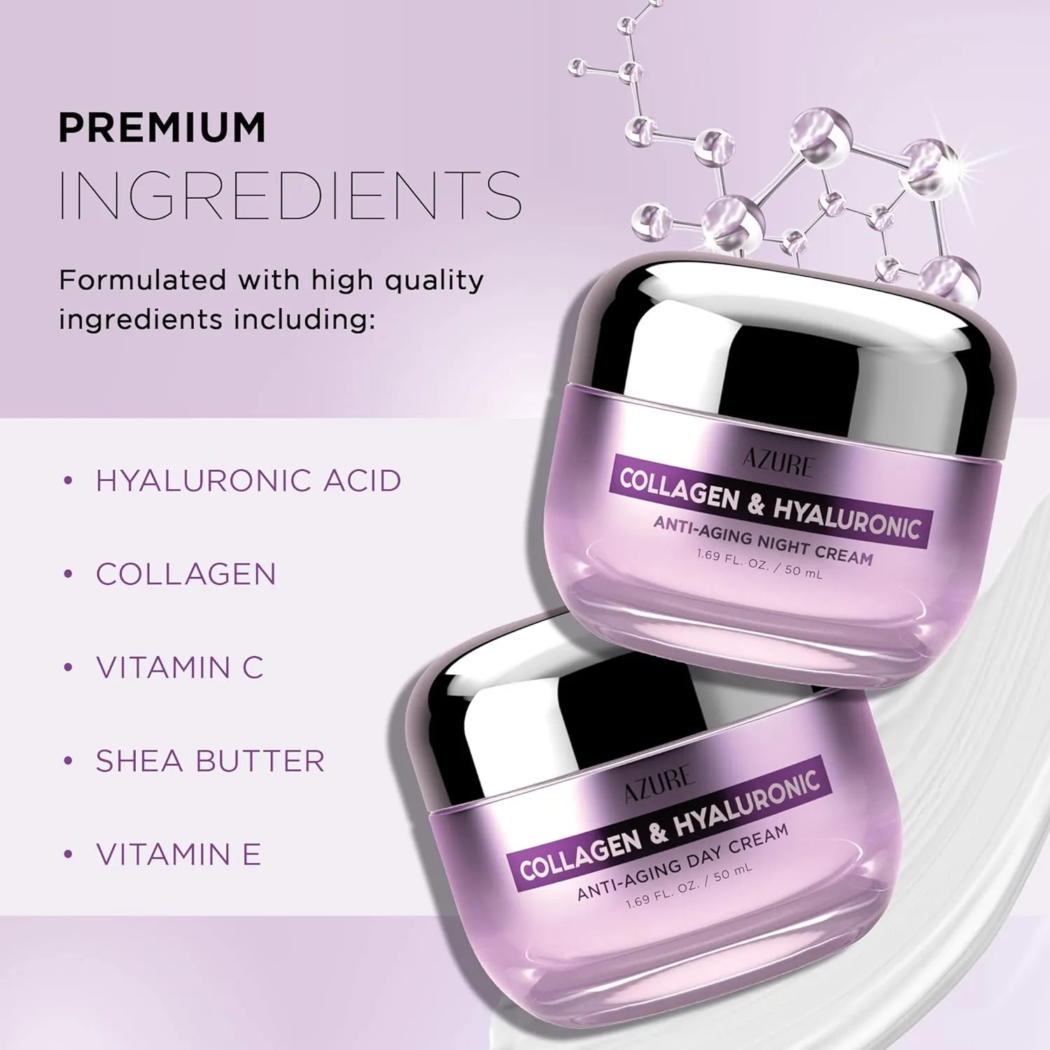 Azure Cosmetics Dermatologist Tested Collagen & Hyaluronic Acid Day & Night Face Moisturizer - K Beauty Anti-Aging Cream for Wrinkle Repair & Deep Hydration Cream - Korean Skincare - All Skin Type