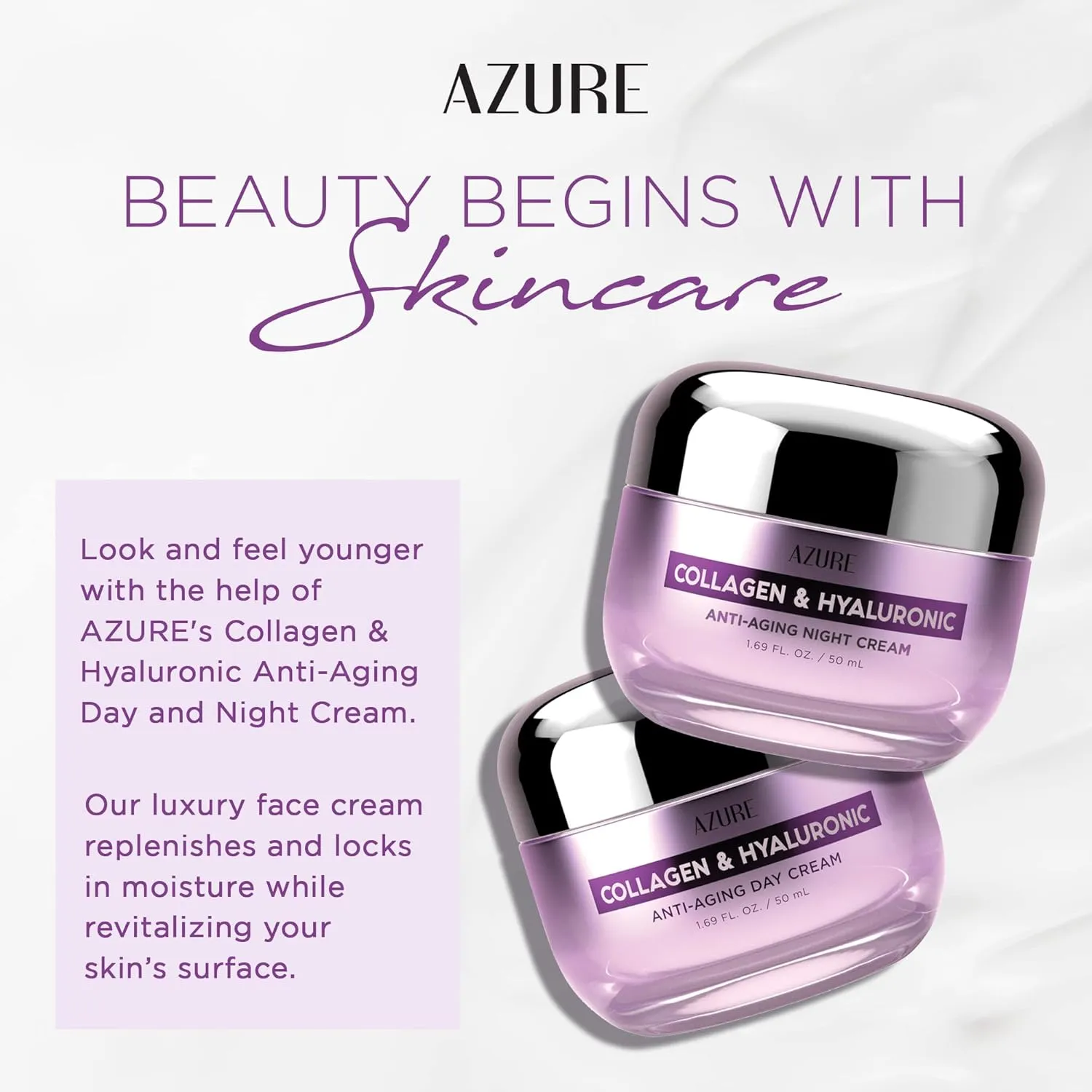 Azure Cosmetics Dermatologist Tested Collagen & Hyaluronic Acid Day & Night Face Moisturizer - K Beauty Anti-Aging Cream for Wrinkle Repair & Deep Hydration Cream - Korean Skincare - All Skin Type