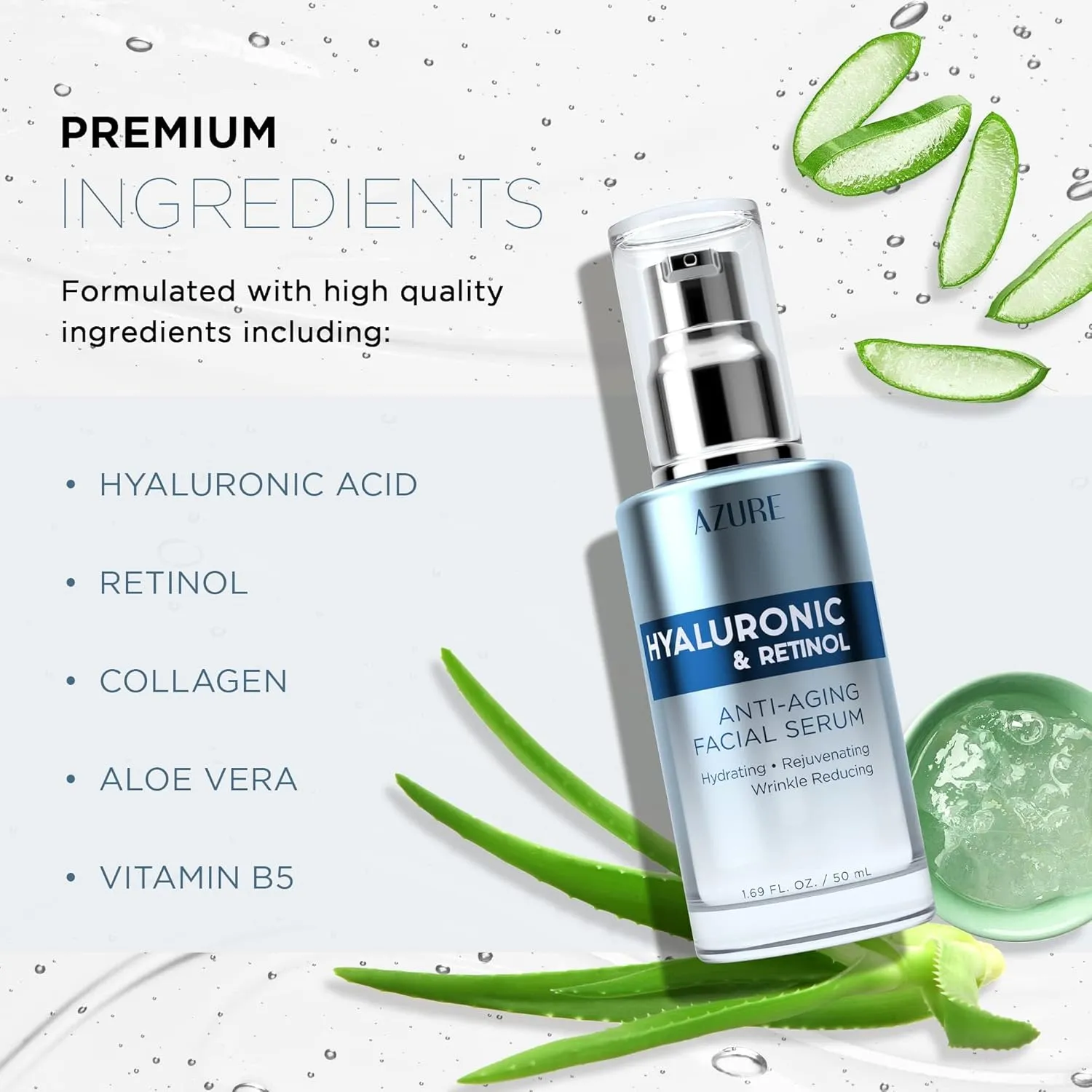 AZURE Hyaluronic Acid & Retinol Anti Aging Facial Serum - Anti Aging, Rejuvenating & Hydrating Face Serum - Reduces Wrinkles & Fine Lines - Skin Care Korean - Each 1.69 fl.oz - 2 Pack