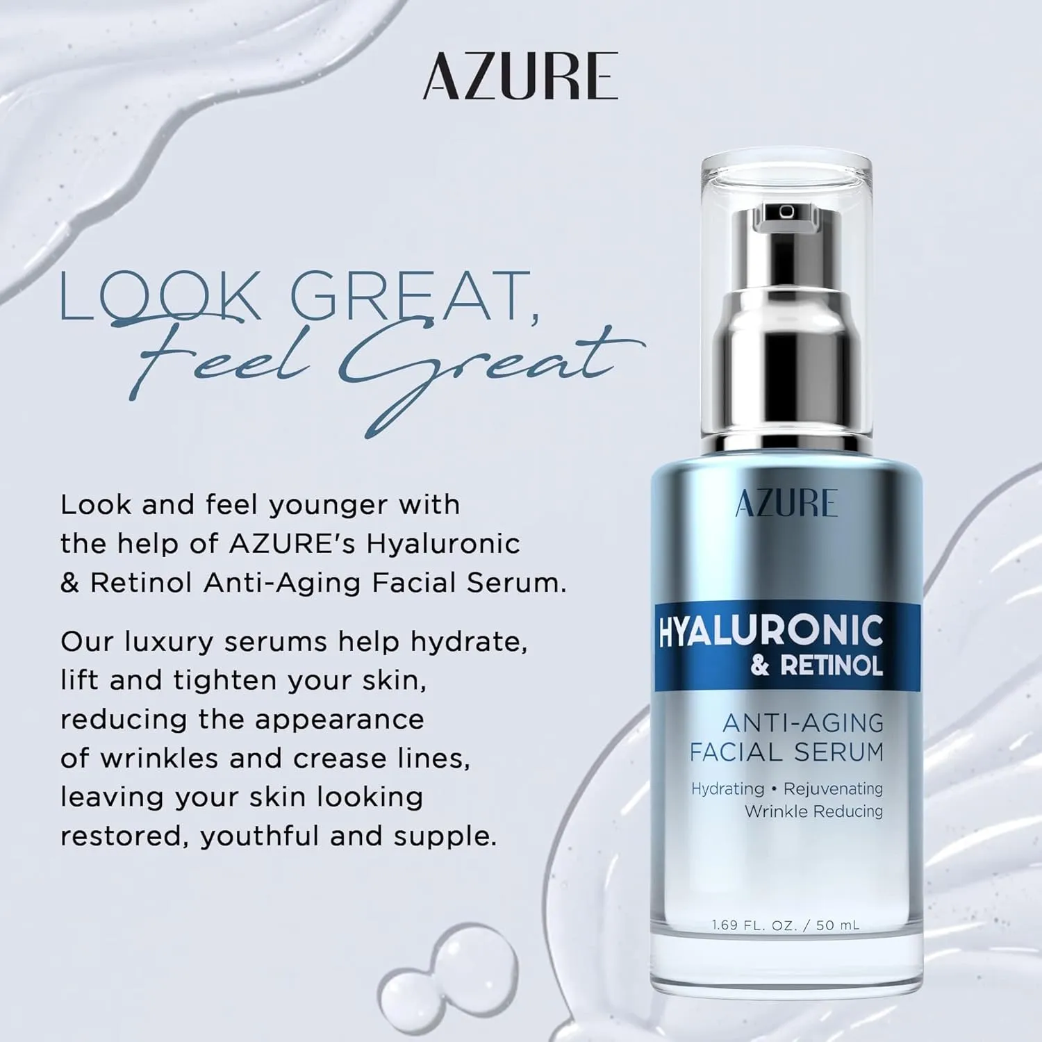 AZURE Hyaluronic Acid & Retinol Anti Aging Facial Serum - Anti Aging, Rejuvenating & Hydrating Face Serum - Reduces Wrinkles & Fine Lines - Skin Care Korean - Each 1.69 fl.oz - 2 Pack
