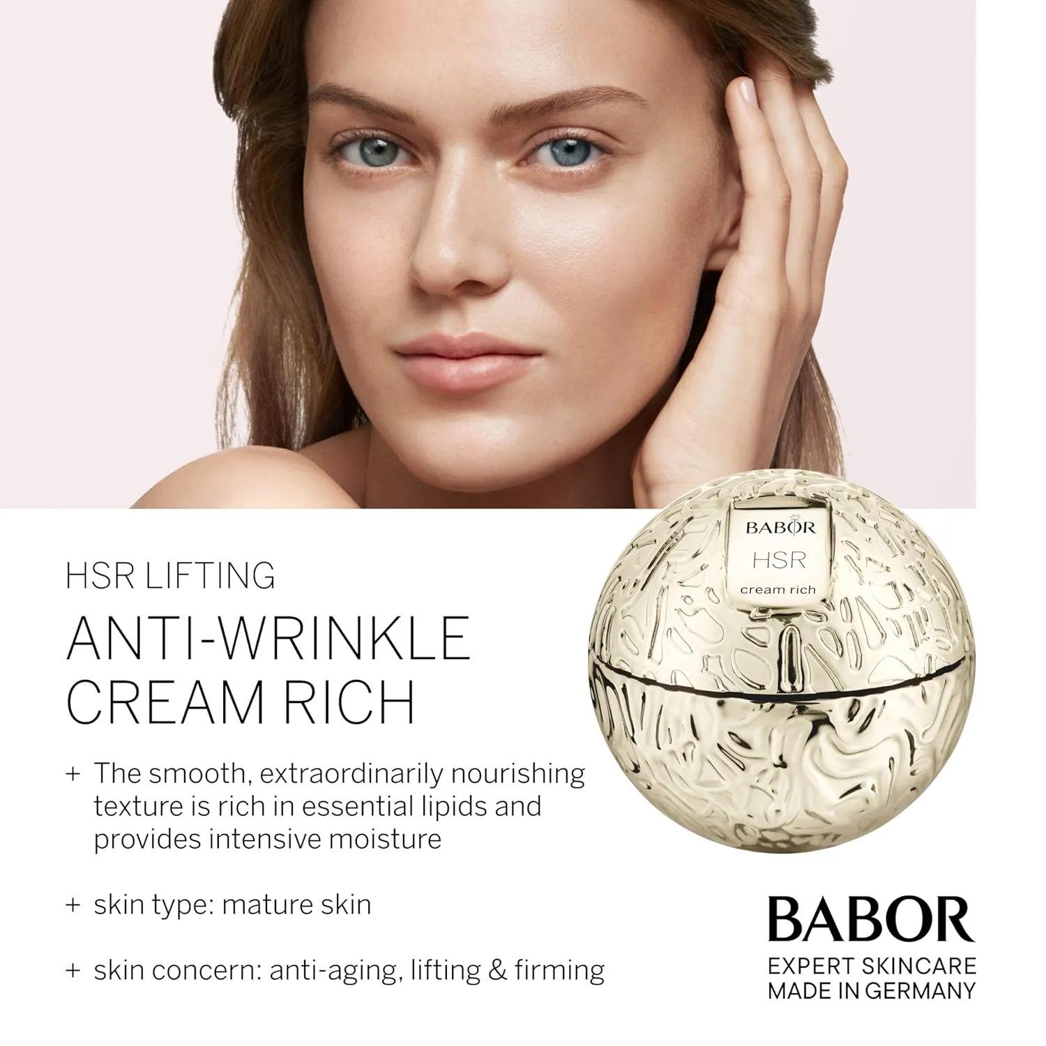 BABOR HSR Lifting Anti Wrinkle Cream Rich, Anti Aging Night Cream, Target Fine Lines, Vitamin E Strengthens Increasing Moisture and Improving Radiance, Daily Moisturizer for Smoother Skin, 1.7 oz
