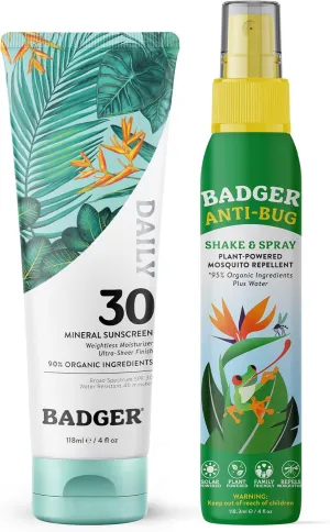 Badger Bug Repellent and Daily Sunscreen Bundle - Bug Spray, SPF 30 Daily Mineral Sunscreen - DEET-Free Insect Repellent and Daily Sunscreen with Zinc Oxide