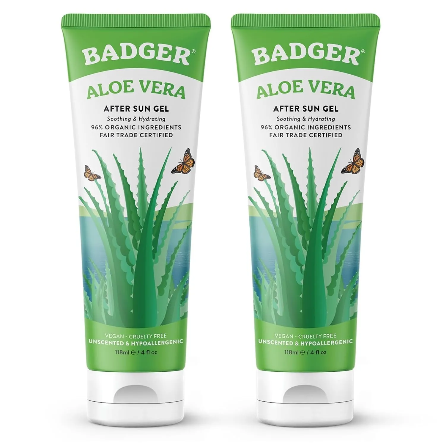 Badger Organic Aloe Vera Gel for Face & Body, 96% Pure Unscented Organic Aloe Gel for Cooling, Soothing, Non-Sticky Sunburn Relief, Vegan, Fair Trade & Hypoallergenic, 4 fl oz, 2-Pack