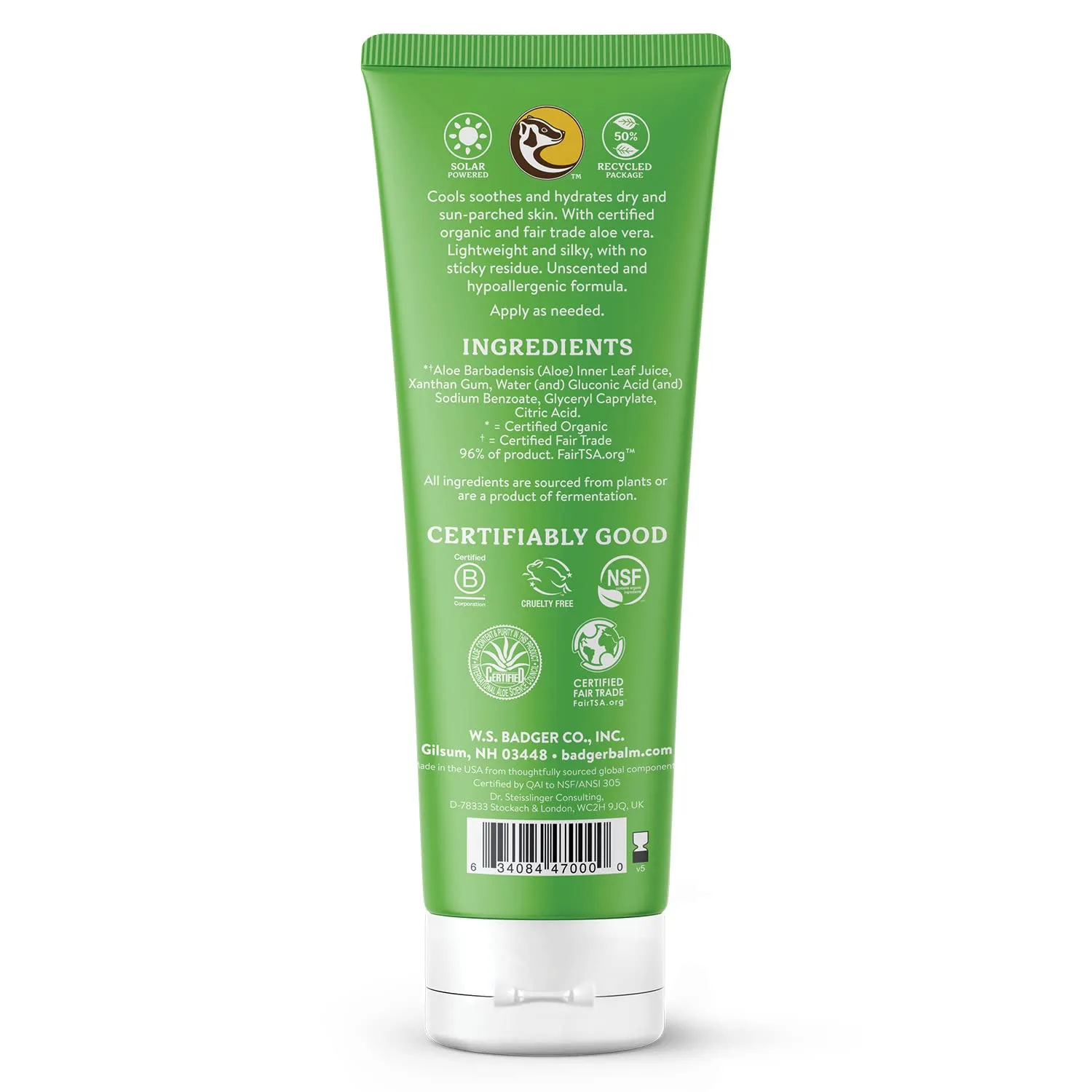 Badger Organic Aloe Vera Gel for Face & Body, 96% Pure Unscented Organic Aloe Gel for Cooling, Soothing, Non-Sticky Sunburn Relief, Vegan, Fair Trade & Hypoallergenic, 4 fl oz, 2-Pack