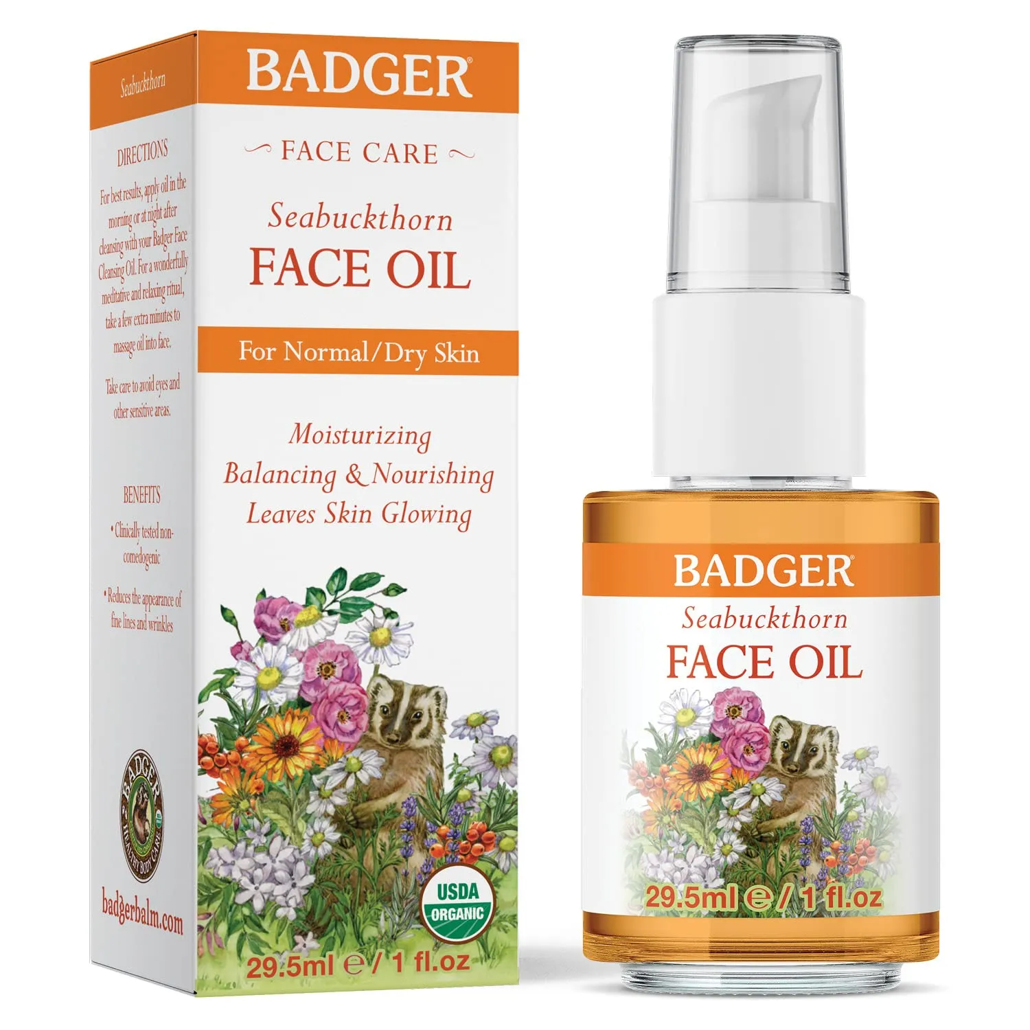 Badger Seabuckthorn Face Oil, Organic Face Moisturizer for Women & Men, Nourishing & Soothing Organic Jojoba, Baobab & Vitamin E Oil, Vegan Antioxidant Rich Facial Oil, 1 fl oz Glass Bottle