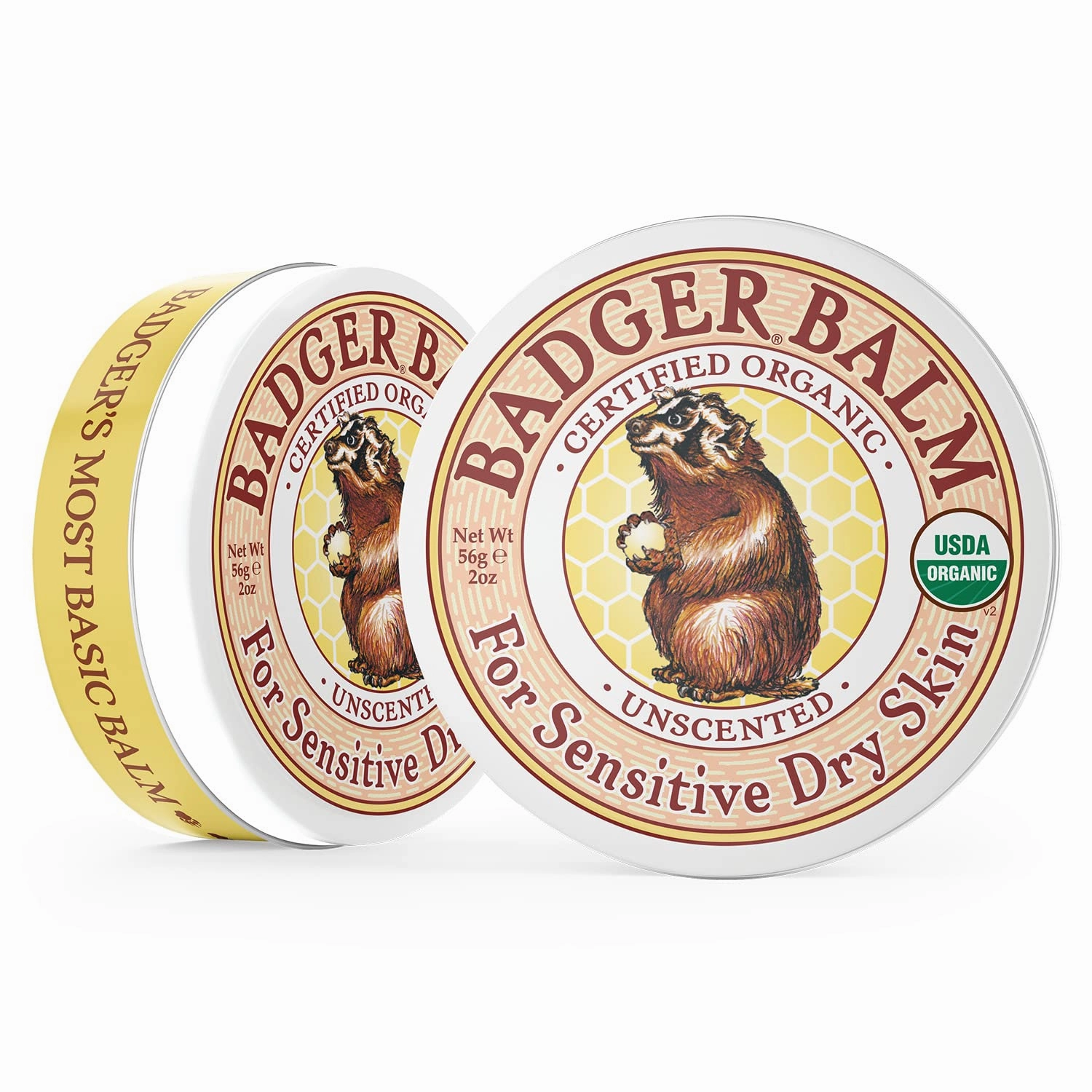 Badger Balm Unscented, 100% Organic Olive Oil & Beeswax, Fragrance Free Hand Cream, Long Lasting Sensitive Skin Moisturizer, 2 oz Tin, 2-Pack