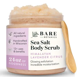 Bare Botanics Lavender Grapefruit Body Scrub 24 oz - Naturally Scented Himalayan Salt Scrub Made in Madison WI - Formulated w/Skin Loving Moisturizers - Cruelty Free Exfoliator w/a Cute Wooden Spoon