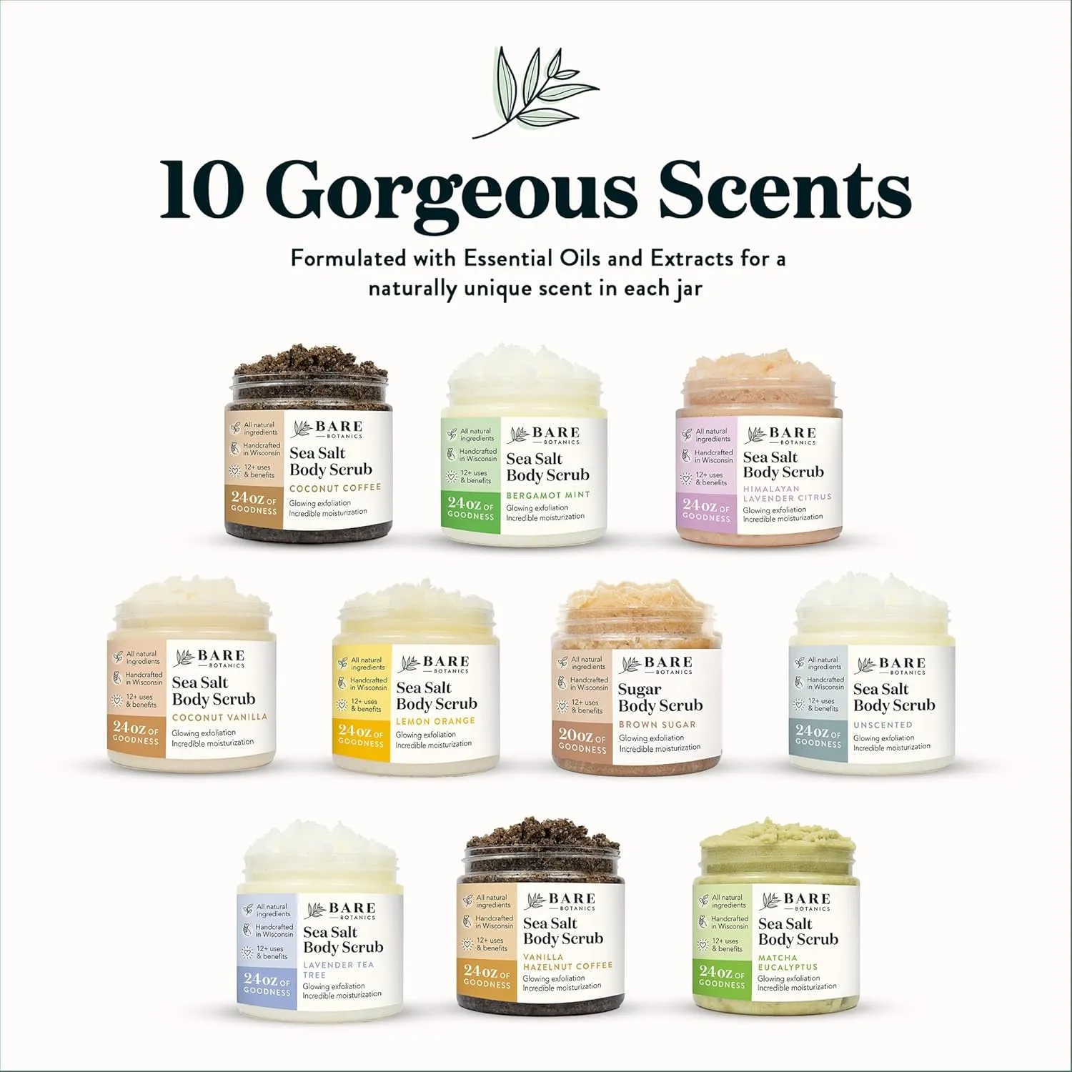 Bare Botanics Lavender Grapefruit Body Scrub 24 oz - Naturally Scented Himalayan Salt Scrub Made in Madison WI - Formulated w/Skin Loving Moisturizers - Cruelty Free Exfoliator w/a Cute Wooden Spoon