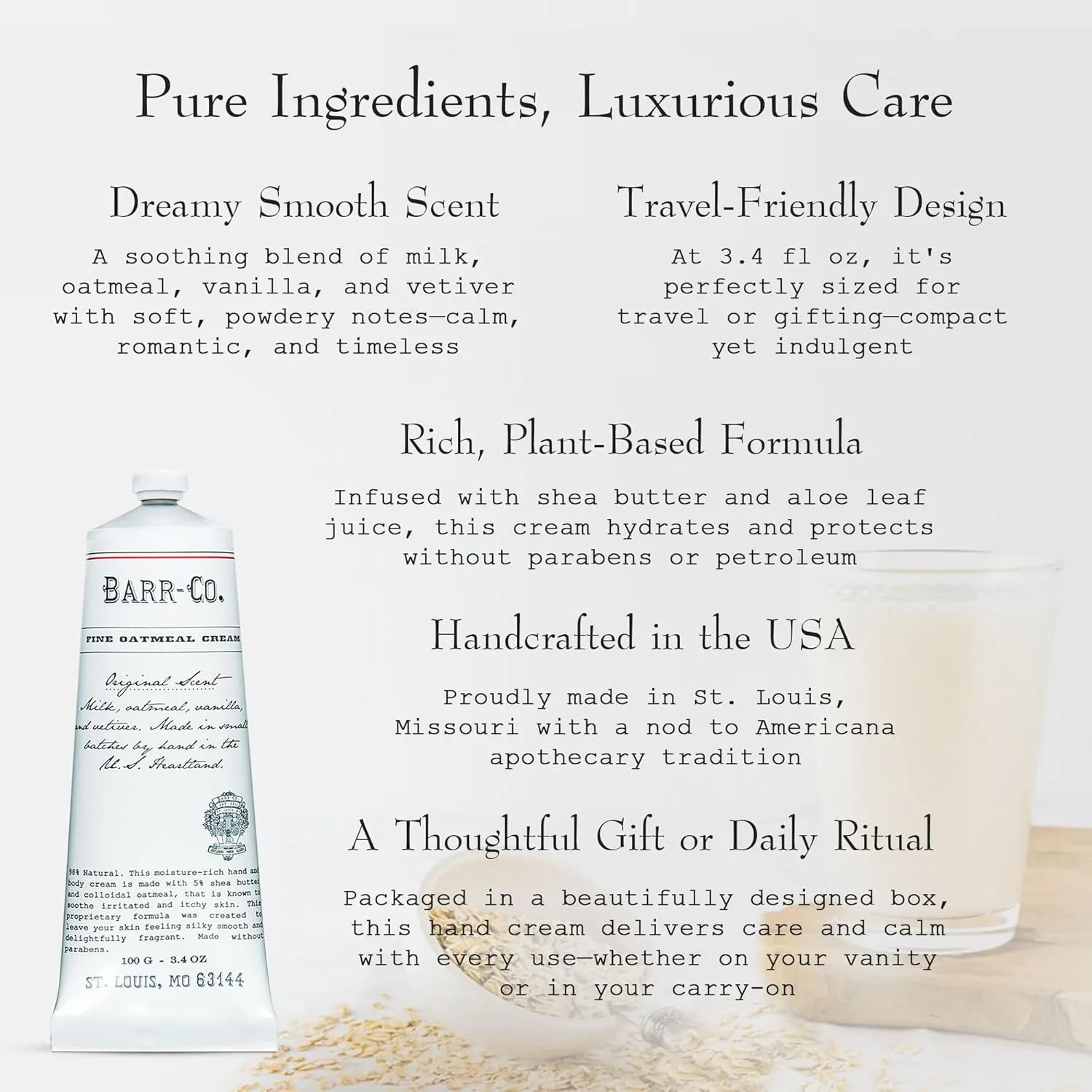 BARR-CO. Hand Cream Original Scent, Tranquil Milky Scent with Oat, Vanilla & Vetiver, Hand Cream for Dry & Cracked Hands, Shea Butter Cream, 3.4 fl oz