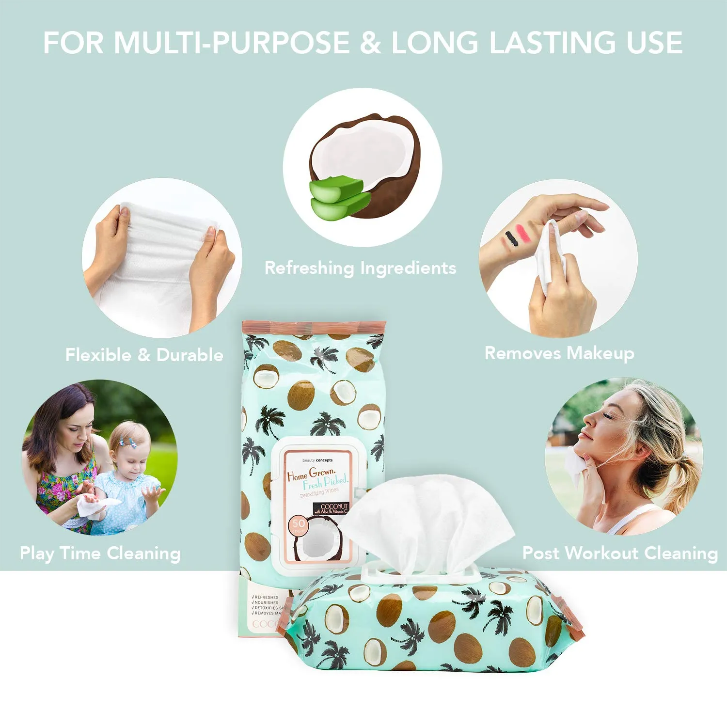 B.C. Beauty Concepts Makeup Remover Wipes – Gentle Facial Wipes for Easy Makeup Removal, 100 Count (Pack of 2), Coconut with Aloe & Vitamin C