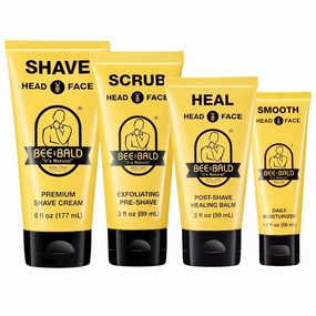 Bee Bald 4-Pack with SMOOTH Daily Moisturizer, HEAL Post-Shave Healing Balm, SHAVE Premium Shave Cream, and SCRUB Exfoliating Pre-Shave
