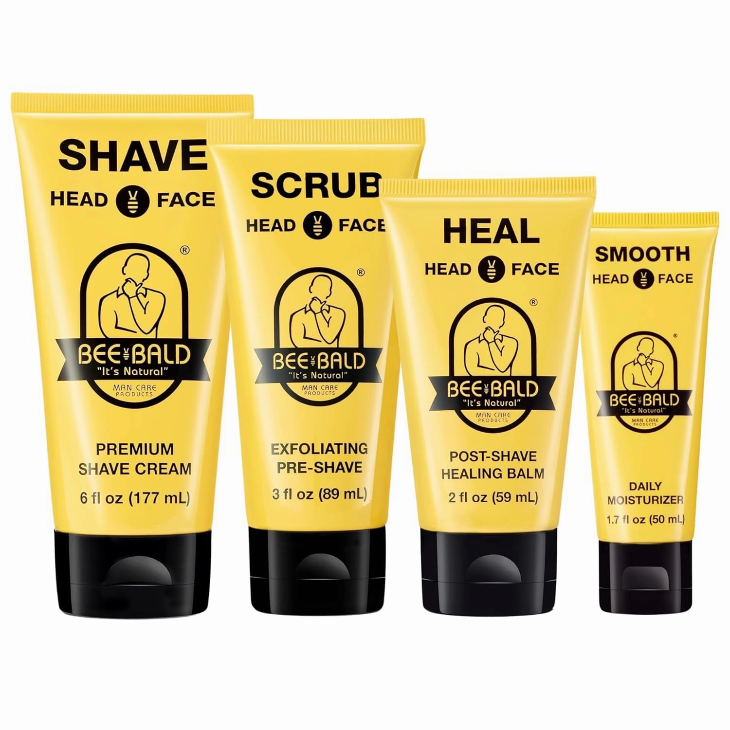 Bee Bald 4-Pack with SMOOTH Daily Moisturizer, HEAL Post-Shave Healing Balm, SHAVE Premium Shave Cream, and SCRUB Exfoliating Pre-Shave
