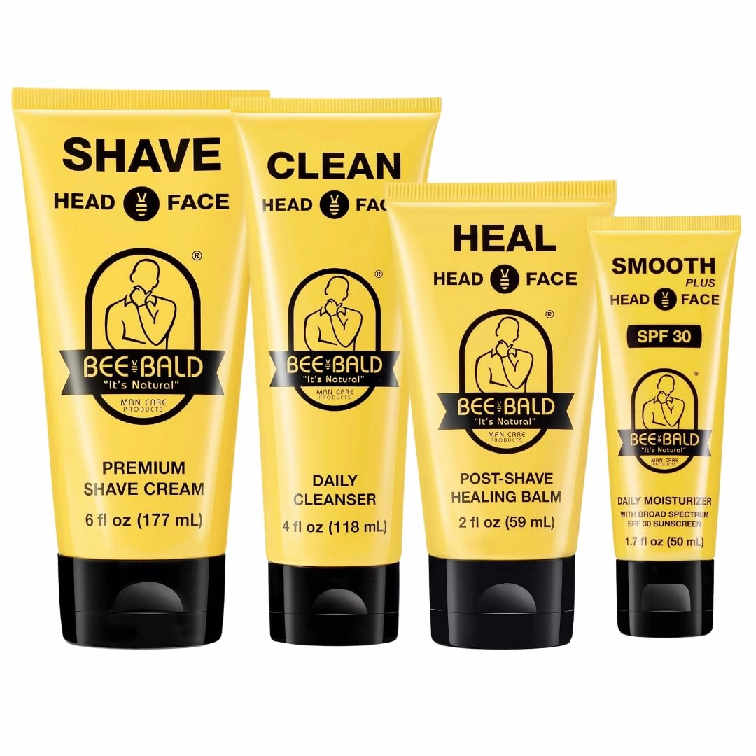 Bee Bald 4-Pack with SMOOTH PLUS Daily Moisturizer with SPF 30, SHAVE Premium Shave Cream, HEAL Post-Shave Healing Balm, and CLEAN Hydrating Facial Cleanser